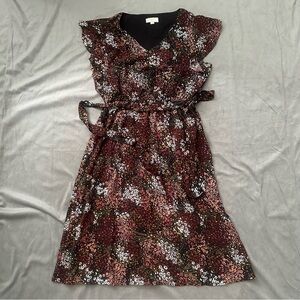 Loft Black Brown Pink Floral Midi Dress EUC Size MP